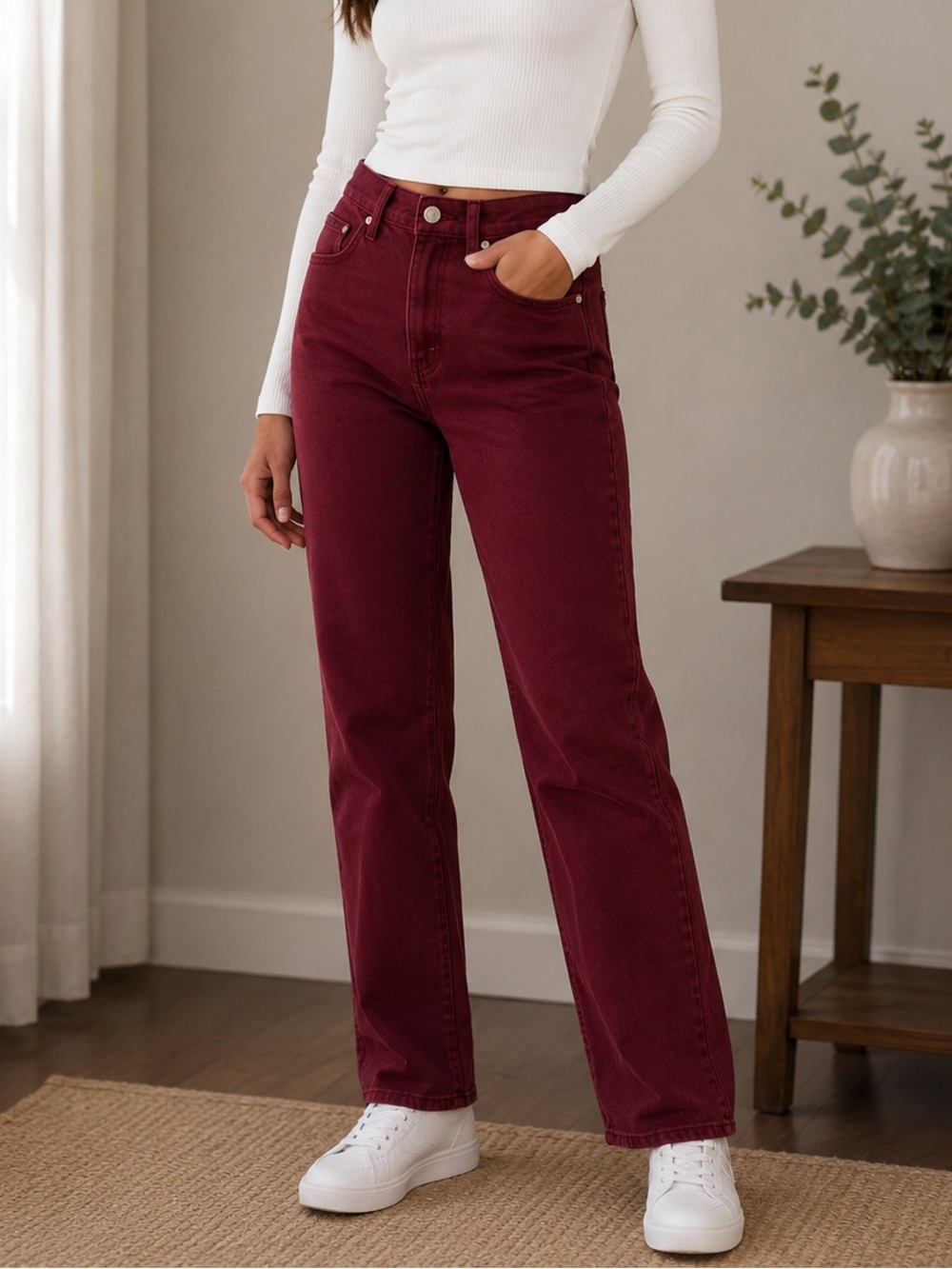 Melanie Lyne High-Rise Straight Jeans in Burgundy
